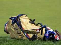 TaylorMade Qi4D Fairways: Tour vs Core — The Real Difference Tan leather golf bag with blue straps resting on a grassy golf course.